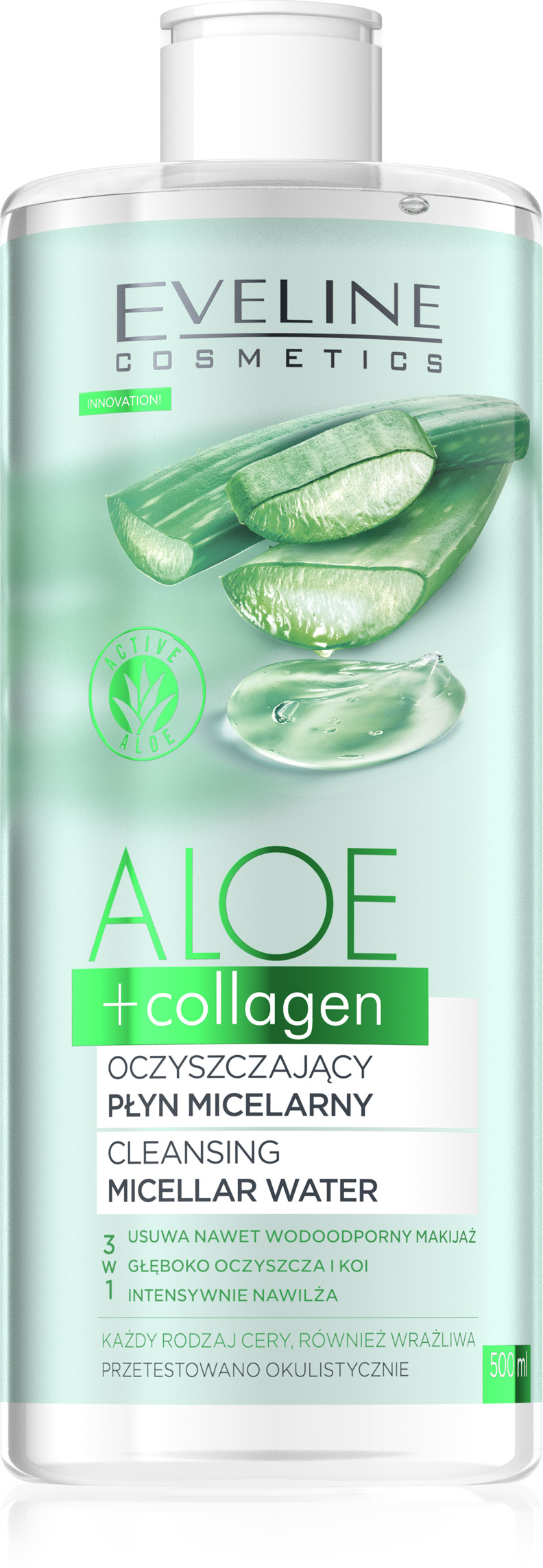 Eveline Cosmetics Aloe+Collagen puhastav mitsellaarvesi 500ml eemaldab ebapuhtused ja meigi, taastab pH‑taseme ning niisutab nahka. Sobib ka veekindla jumestuse eemaldamiseks.